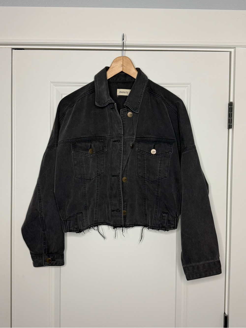 Mono B Black Cropped Denim Jacket with Distressed Hem